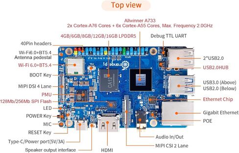 Orange Pi 4 Pro 4GB/6GB/8GB/12GB LPDDR5 Allwinner A733 3 Tops NPU 8-Core كمبيوتر لوحي واحد مع مقبس eMMC، WiFi 6/Bluetooth 5.4، لوحة تطوير تشغيل Ubuntu/Debian/Android (4GB) in Kuwait