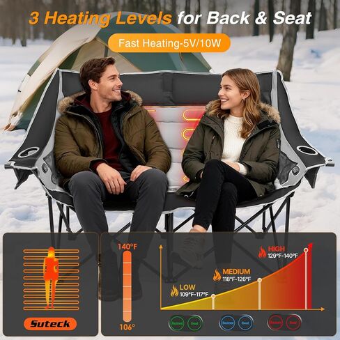 كرسي تخييم مزدوج ساخن من Suteck، كرسي Loveseat ساخن للرياضات الخارجية مع 3 مستويات حرارة و4 مناطق تسخين، كرسي محمول قابل للطي للبالغين، يستخدم للتخييم والسفر، 660 رطل in Kuwait