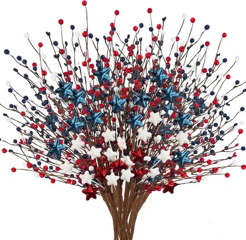 Ruidazon 4 pcs Patriotic Picks with Red White Blue Stars Flowers Spray for 4th of July Decoration, 26.7" Artificial 4th of July Flowers Berry Stems for National Day Independence Day Decor in Kuwait