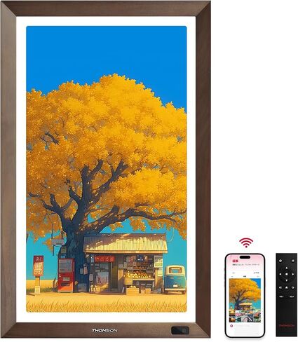 إطار صور رقمي واي فاي خشبي مقاس 21.5 بوصة من THOMSON، إطار صور رقمي كبير جدًا 1920 * 1080، ذاكرة 32 جيجابايت، شاشة IPS، مثبت على الحائط مع جهاز تحكم عن بعد، مشاركة صور الفيديو، العمل مع Alexa، أفضل الهدايا للأم in Kuwait