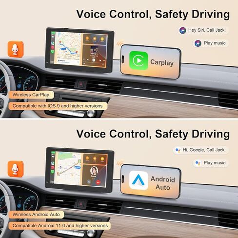Haudio 7 بوصة CarPlay المحمولة وشاشة Android Auto للسيارة، شاشة لمس عالية الدقة، كاميرا احتياطية، بلوتوث 5.0، جهاز إرسال FM، التوصيل والتشغيل، التحكم الصوتي، يناسب جميع المركبات in Kuwait