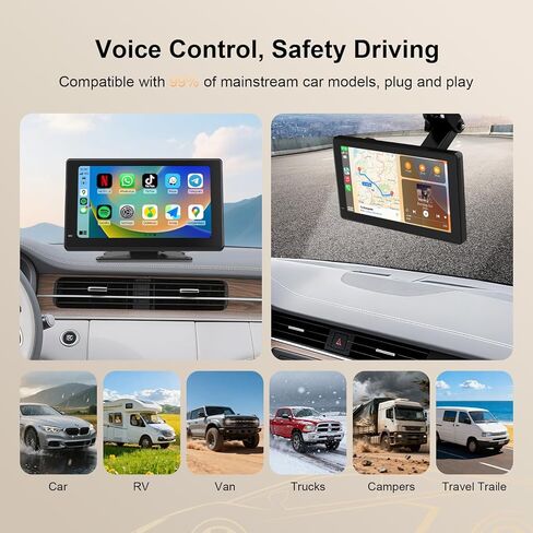 Haudio 7 بوصة CarPlay المحمولة وشاشة Android Auto للسيارة، شاشة لمس عالية الدقة، كاميرا احتياطية، بلوتوث 5.0، جهاز إرسال FM، التوصيل والتشغيل، التحكم الصوتي، يناسب جميع المركبات in Kuwait