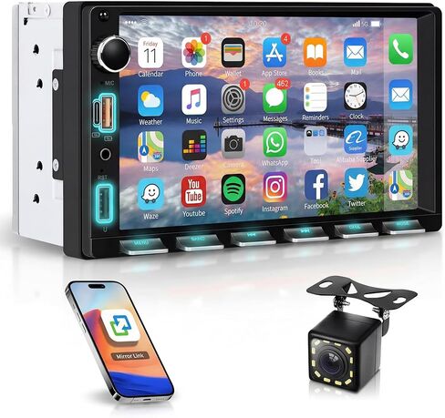 Hodozzy Double Din Car Stereo with 7-Inch Touch Screen, Wired Mirror Link & Screen Sharing, Bluetooth, FM Radio, USB/Type-C Fast Charge, Backup Camera, Steering Wheel Control & Color Buttons in Kuwait