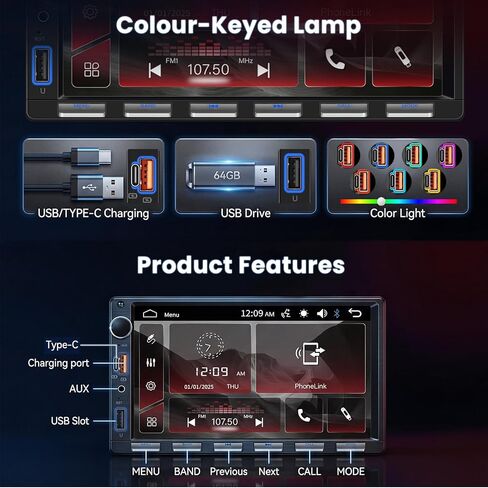 Hodozzy Double Din Car Stereo with 7-Inch Touch Screen, Wired Mirror Link & Screen Sharing, Bluetooth, FM Radio, USB/Type-C Fast Charge, Backup Camera, Steering Wheel Control & Color Buttons in Kuwait