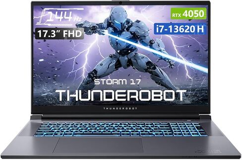 كمبيوتر محمول للألعاب Thunderobot Storm 17، شاشة 17.3 بوصة FHD 144 هرتز، Core i7-13620H، GeForce RTX 4050، ذاكرة الوصول العشوائي DDR5 سعة 32 جيجابايت، 1 تيرابايت SSD، لوحة مفاتيح بإضاءة خلفية RGB، HDMI، Wi-Fi، Win 11 Home in Kuwait