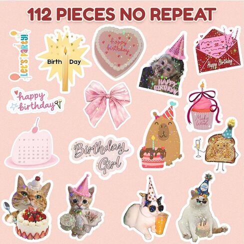 112PCS Happy Birthday Stickers, Cute Waterproof Vinyl Birthday Stickers for Adults, Birthday Party Supplies, Scrapbooking, Cards, Laptop and Water Bottle Decorations in Kuwait