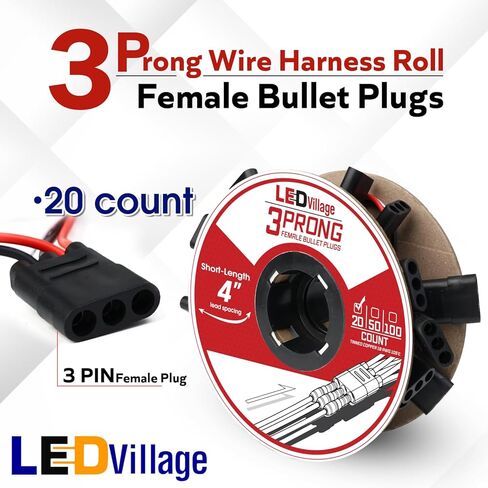 20 Counts of 3 Prong Female Bullet Plug Wiring Harness Continuous Wire Harness Roll (4" Lead Spacing Between Plugs) 3 Prong Socket Plug in Kuwait