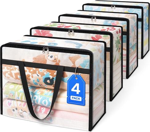 BlissTotes 4 Pack Clear Clothes Storage Bags, Moving Bags, Foldable Blanket Storage Under Bed Storage Containers with Sturdy Zipper and Handle for Clothing, Comforter, Bedding, Sheet (40L) in Saudi Arabia