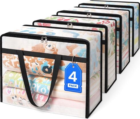BlissTotes 4 Pack Clear Clothes Storage Bags, Moving Bags, Foldable Blanket Storage Under Bed Storage Containers with Sturdy Zipper and Handle for Clothing, Comforter, Bedding, Sheet (40L) in Saudi Arabia