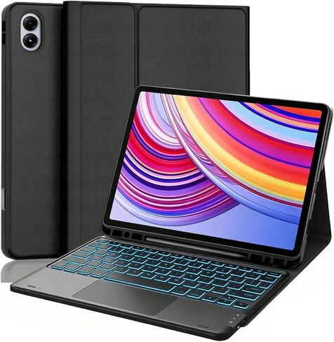 حافظة لوحة مفاتيح بإضاءة خلفية لجهاز Xiaomi Redmi Pad Pro 12.1 بوصة 2024/Xiaomi Poco Pad 12.1 2024، لوحة مفاتيح لاسلكية بإضاءة خلفية مع غطاء حامل جلدي، عمر بطارية طويل، أسود in Kuwait