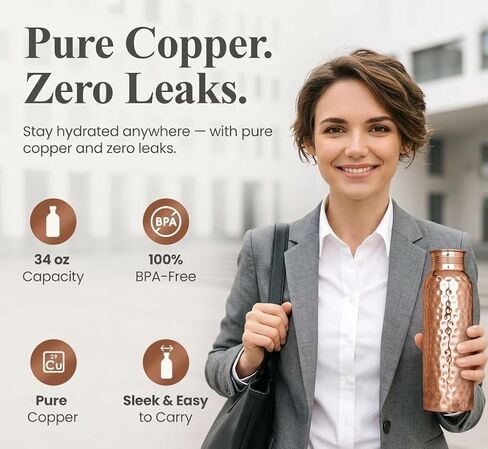 Copper Water Bottle - 34 Oz Extra Large - A Hammered Ayurvedic Pure Copper Vessel For Drinking - Drink More Water, Lower Your Sugar Intake And Enjoy The Health Benefits Immediately in Saudi Arabia