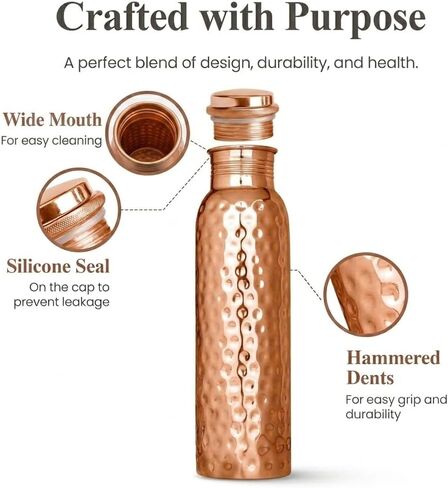 Copper Water Bottle - 34 Oz Extra Large - A Hammered Ayurvedic Pure Copper Vessel For Drinking - Drink More Water, Lower Your Sugar Intake And Enjoy The Health Benefits Immediately in Saudi Arabia