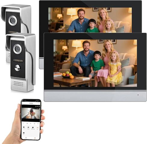 نظام اتصال داخلي عبر الفيديو للشقق السلكية Tuya WiFi 7 بوصة شاشة تعمل باللمس 1080P كاميرا جرس الباب مجموعة الاتصال الداخلي الذكية Tuya APP مع كشف الحركة، إنذار ضد العبث للمنزل (1 جرس باب + 4 شاشات) in Kuwait