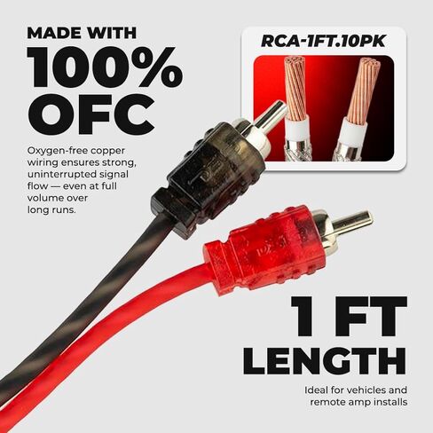 DS18 1FT Ultra Flex RCA Cable 10-Pack – 100% OFC Oxygen Free Copper Dual Male RCA Audio Cable for Car Audio Amplifiers, Subwoofers & Stereo Systems – Flexible Noise-Free Signal Interconnect in Kuwait