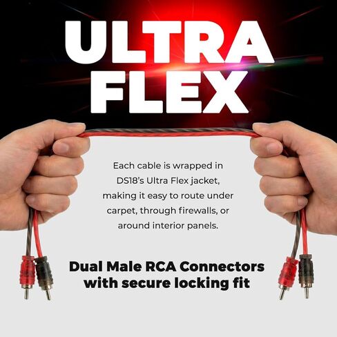 DS18 1FT Ultra Flex RCA Cable 10-Pack – 100% OFC Oxygen Free Copper Dual Male RCA Audio Cable for Car Audio Amplifiers, Subwoofers & Stereo Systems – Flexible Noise-Free Signal Interconnect in Kuwait