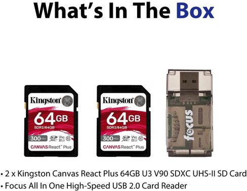 Kingston Canvas React Plus 64GB U3 V90 SD Card (2-Pack) Bundle with Focus All-in-One High Speed Card Reader (3 Items) in Kuwait