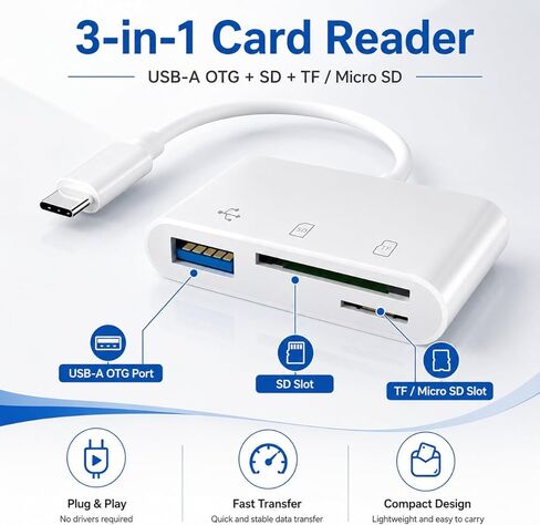 قارئ بطاقات USB C 3 في 1 مع كابل، قارئ بطاقات SD/TF + محول USB-A OTG، قراءة فردية لبطاقة مزدوجة، توصيل وتشغيل نقل سريع للبيانات للهاتف/الكمبيوتر اللوحي/الكمبيوتر المحمول، أبيض in Kuwait