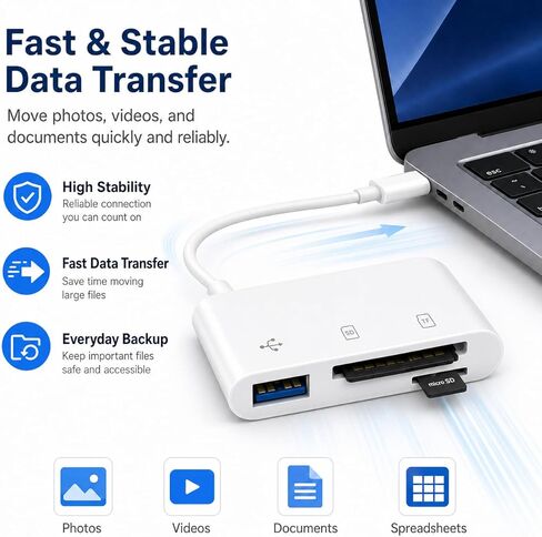 قارئ بطاقات USB C 3 في 1 مع كابل، قارئ بطاقات SD/TF + محول USB-A OTG، قراءة فردية لبطاقة مزدوجة، توصيل وتشغيل نقل سريع للبيانات للهاتف/الكمبيوتر اللوحي/الكمبيوتر المحمول، أبيض in Kuwait