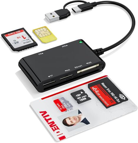 6-in-2 Smart Card Reader USB CAC Card Reader with SDHC/SDXC/SD Card Reader & Micro SD Card Adapter,Smart Card Reader for SIM, MS, M2, MMC RS & 4.0 for Windows, Linux, Mac OS-Plug and Play in Kuwait