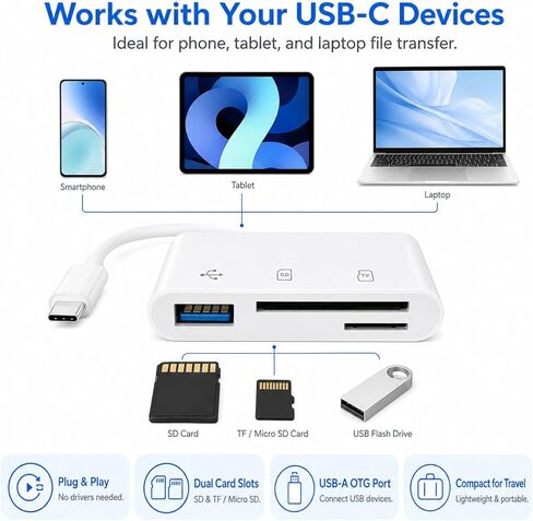 قارئ بطاقات USB C 3 في 1 مع كابل، قارئ بطاقات SD/TF + محول USB-A OTG، قراءة فردية لبطاقة مزدوجة، توصيل وتشغيل نقل سريع للبيانات للهاتف/الكمبيوتر اللوحي/الكمبيوتر المحمول، أبيض in Kuwait