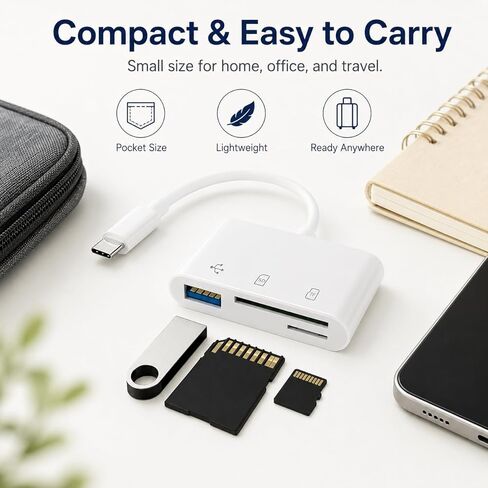 قارئ بطاقات USB C 3 في 1 مع كابل، قارئ بطاقات SD/TF + محول USB-A OTG، قراءة فردية لبطاقة مزدوجة، توصيل وتشغيل نقل سريع للبيانات للهاتف/الكمبيوتر اللوحي/الكمبيوتر المحمول، أبيض in Kuwait