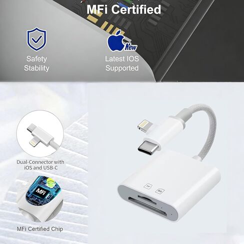 [Apple MFi Certified] SD Card Reader for iPhone iPad Mac, SD Card Adapter with USB-C and Lightning Dual Slot for MicroSD/SD, TF Card Trail Camera Viewer Memory Plug and Play (White) in Saudi Arabia