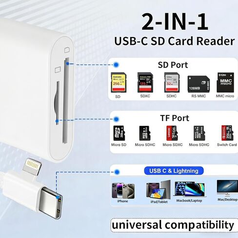 [Apple MFi Certified] SD Card Reader for iPhone iPad Mac, SD Card Adapter with USB-C and Lightning Dual Slot for MicroSD/SD, TF Card Trail Camera Viewer Memory Plug and Play (White) in Saudi Arabia