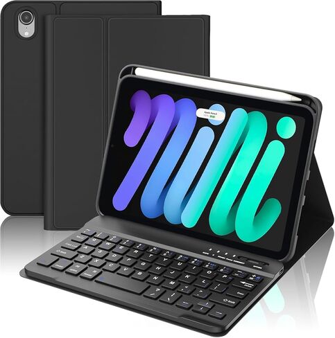 حافظة لوحة مفاتيح لجهاز iPad mini 7 (A17 Pro) 2024 / iPad mini 6 2021، لوحة مفاتيح لاسلكية قابلة للفصل، حافظة واقية رفيعة مع حامل أقلام لجهاز iPad mini 8.3 بوصة الجيل السابع والسادس، أسود in Kuwait