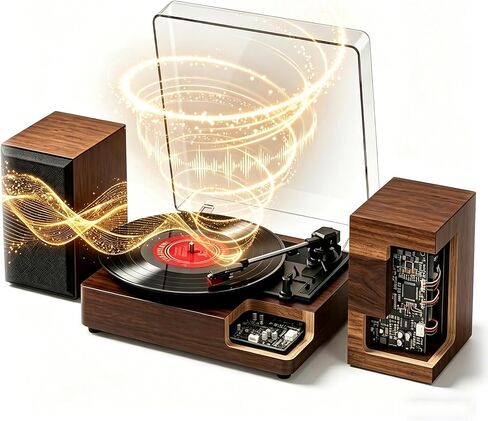 Bluetooth Record Player with 2 Stereo Speakers, Walnut Wood Turntable for Vinyl Records, Vintage Record Player with Bluetooth, Cozy Bedtime Music System, Gift for Beginners Home Decor in Kuwait