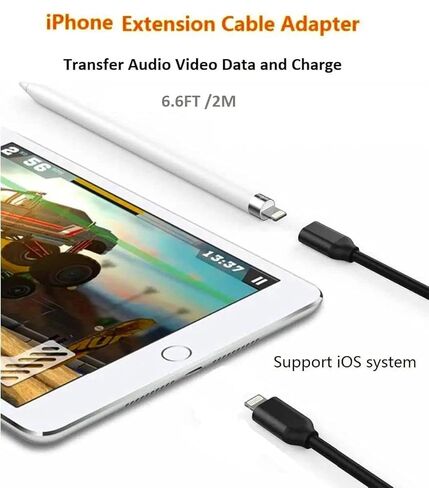 for iPhone Charger Extension Cable,6FT Lightning Extender Dock Cable Compatible with iPhone 14 Pro 13 Pro Max 12 11 X XR 8 7 6 Male to Female Cable Extension Adapter Cord Pass Video,Data,Audio Black in Kuwait