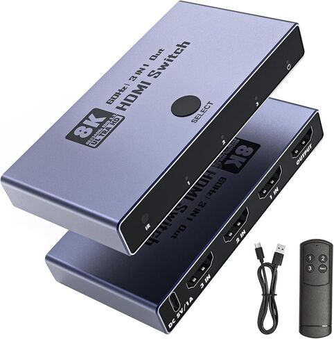 HDMI 2.1 Switch 3 in 1 Out, 8K@60Hz 4K@240Hz/120Hz 48Gbps, HDMI Switcher with Remote & Detection-Switching, VRR HDR10+ Dolby Vision/Atmos CEC HDCP2.3, Aluminum Alloy HDMI Selector in Kuwait