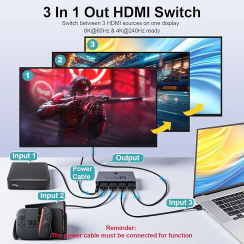 HDMI 2.1 Switch 3 in 1 Out, 8K@60Hz 4K@240Hz/120Hz 48Gbps, HDMI Switcher with Remote & Detection-Switching, VRR HDR10+ Dolby Vision/Atmos CEC HDCP2.3, Aluminum Alloy HDMI Selector in Kuwait
