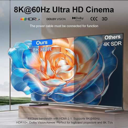HDMI 2.1 Switch 3 in 1 Out, 8K@60Hz 4K@240Hz/120Hz 48Gbps, HDMI Switcher with Remote & Detection-Switching, VRR HDR10+ Dolby Vision/Atmos CEC HDCP2.3, Aluminum Alloy HDMI Selector in Kuwait