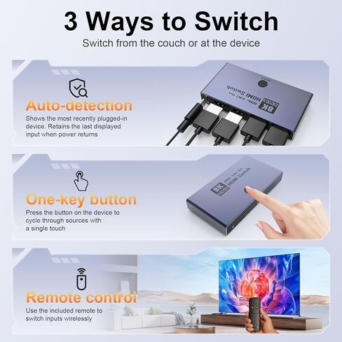 HDMI 2.1 Switch 3 in 1 Out, 8K@60Hz 4K@240Hz/120Hz 48Gbps, HDMI Switcher with Remote & Detection-Switching, VRR HDR10+ Dolby Vision/Atmos CEC HDCP2.3, Aluminum Alloy HDMI Selector in Kuwait