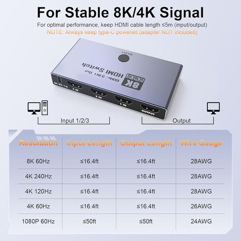 HDMI 2.1 Switch 3 in 1 Out, 8K@60Hz 4K@240Hz/120Hz 48Gbps, HDMI Switcher with Remote & Detection-Switching, VRR HDR10+ Dolby Vision/Atmos CEC HDCP2.3, Aluminum Alloy HDMI Selector in Kuwait