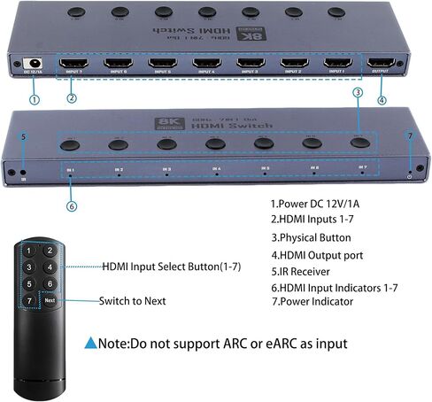 محول HDMI: محول HDMI 2.1 بدقة 8K@60 هرتز، مخرج 7 في 1، 48 جيجابت في الثانية مع جهاز تحكم عن بعد يدعم HDR10+ Dolby Vision، CEC، | متوافق مع PS5، وXbox Series X، وApple TV، ومشغل Blu-Ray، وHDTV، والشاشة in Kuwait