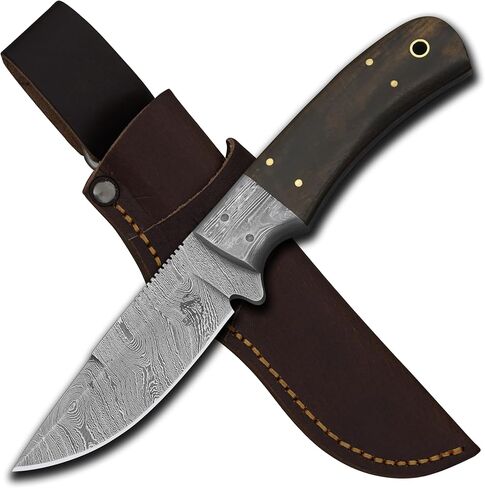 Knives Ranch Handmade Damascus Steel Hunting Full Tang Utility Knife with Indian Rosewood Handle and Heavy-Duty Cow Leather Horizontal Cowboy Style Sheath (2142-IRW) in Kuwait