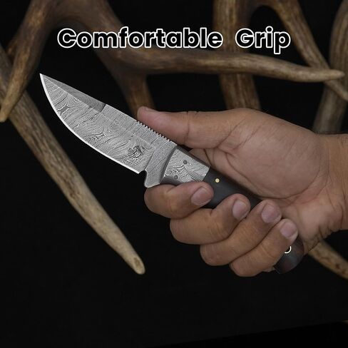 Knives Ranch Handmade Damascus Steel Hunting Full Tang Utility Knife with Indian Rosewood Handle and Heavy-Duty Cow Leather Horizontal Cowboy Style Sheath (2142-IRW) in Kuwait