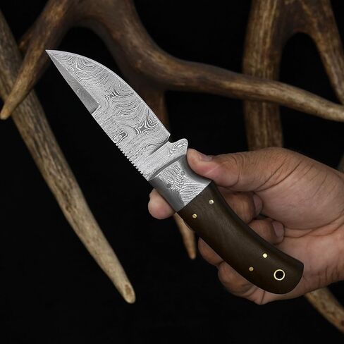 Knives Ranch Handmade Damascus Steel Hunting Full Tang Utility Knife with Indian Rosewood Handle and Heavy-Duty Cow Leather Horizontal Cowboy Style Sheath (2142-IRW) in Kuwait