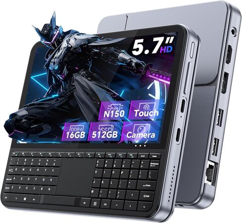 كمبيوتر صغير محمول بشاشة لمس 5.7 بوصة، N150 حتى 3.6 جيجا هرتز، 16 جيجا رام 512 جيجا SSD، ويندوز 11، لوحة مفاتيح بإضاءة خلفية، WiFi6 BT5.2، نوع مزدوج C، HDMI 2.1 DP، كمبيوتر محمول صغير in Kuwait