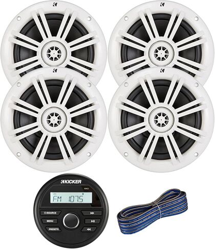 Kicker All-Weather Marine Gauge Style Bluetooth USB Stereo Receiver Bundle Combo with 2 Pair (Qty 4) 6.5" 2-Way 150 Watts Max Power Coaxial White Marine Audio Speakers, 50-Feet 16-Gauge Speaker Wire in Kuwait