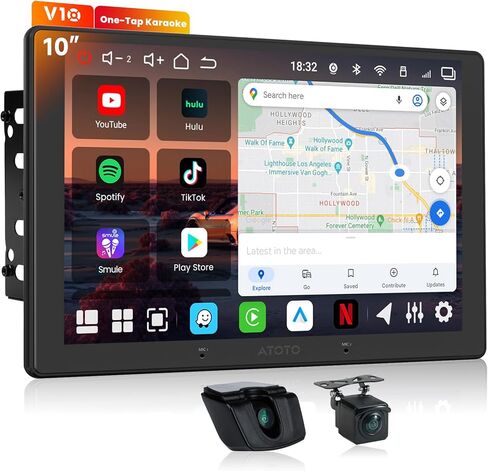 V10 10" QLED Android Double DIN Car Stereo with Car Karaoke, Pro DSP 4V Pre-Out, HDMI Out, aptX HD Bluetoth, 4G LTE, Wireless CarPlay & Android Auto, with 1080P Front Dash Cam & Backup Cam in Kuwait