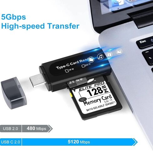 قارئ بطاقات Micro SD 4 في 1 نوع C USB A محول مزدوج الفتحة لـ SD SDHC SDXC MicroSD للكمبيوتر المحمول والهاتف الذكي والكاميرا اللوحية، أسود in Kuwait