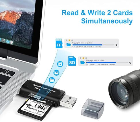 قارئ بطاقات Micro SD 4 في 1 نوع C USB A محول مزدوج الفتحة لـ SD SDHC SDXC MicroSD للكمبيوتر المحمول والهاتف الذكي والكاميرا اللوحية، أسود in Kuwait
