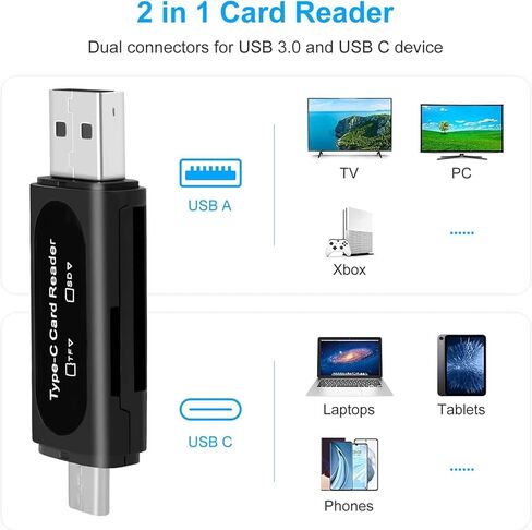 قارئ بطاقات Micro SD 4 في 1 نوع C USB A محول مزدوج الفتحة لـ SD SDHC SDXC MicroSD للكمبيوتر المحمول والهاتف الذكي والكاميرا اللوحية، أسود in Kuwait