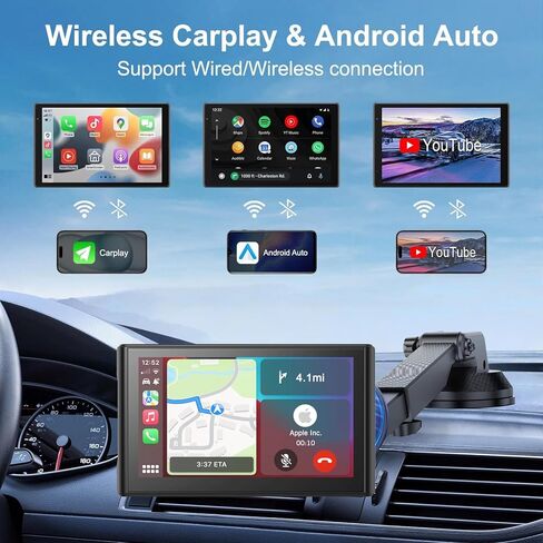 Portable CarPlay Screen for Car Wireless Car Play & Android Auto Touch Screen,7" HD,Landscape&Portrait,1080P Backup Camera GPS Navigation Music Voice Control Bluetooth AUX FM for All Vehicles in Kuwait