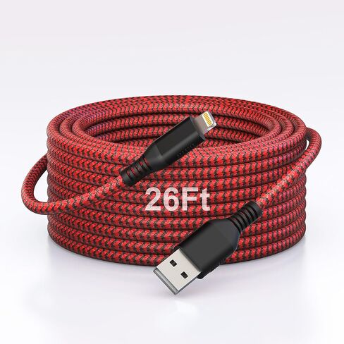 سلك شاحن iPhone طويل للغاية 26FT/8M، [معتمد من Apple MFi] كابل لايتنينج مجدول من النايلون 2.4 أمبير، سلك شاحن iPhone طويل سريع الشحن لهاتف iPhone 14 13 12 11 Pro Max/XS/XR/iPad in Kuwait