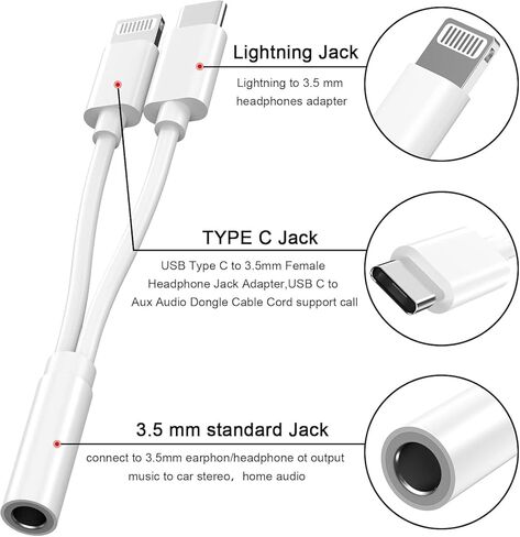 [Apple MFi Certified] Multi Lightning to 3.5 mm Headphone Jack Adapter,2 Pack iPhone Headphones Aux Audio Dongle + USB C TypeC to 3.5 Female Adapter for iPhone 17 16 15 14 13 Pro Max 12 11 XS XR 8 in Kuwait