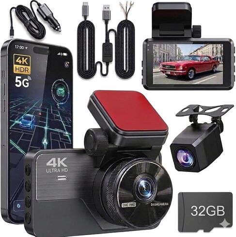 كاميرا داش كام أمامية وخلفية 4K، مستشعر STARVIS 2، بطاقة 32 جيجابايت مجانية ومجموعة أسلاك صلبة متضمنة، 5G WiFi 20 ميجابايت/ثانية تنزيل سريع، كاميرا داش للسيارات المزودة بنظام تحديد المواقع العالمي (GPS)، رؤية ليلية WDR، زاوية واسعة 170 درجة، وضع ركن السيا in Kuwait