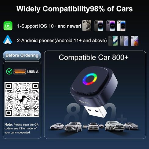 Ultra Mini Wireless CarPlay Adapter with A9 Chip, 5.8GHz Low Latency WiFi, 3-5s Fast Auto Connect, Universal Wireless Apple CarPlay & Android Auto for Factory Wired Cars in Kuwait